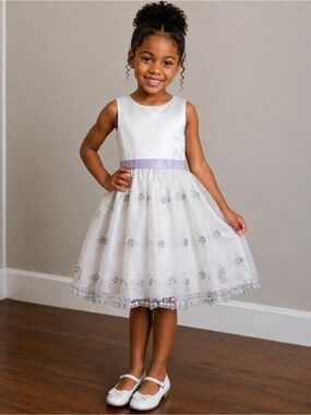 Cinderella White & Lavender Organza Floral Embroidered Girls' Dress 6